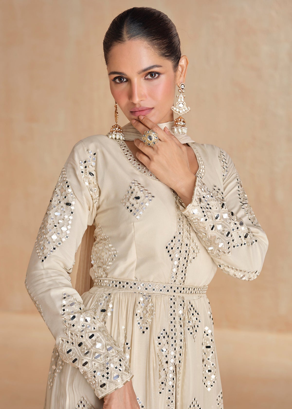 Buy Ivory Mirror Work Slit Style Anarkali Suit