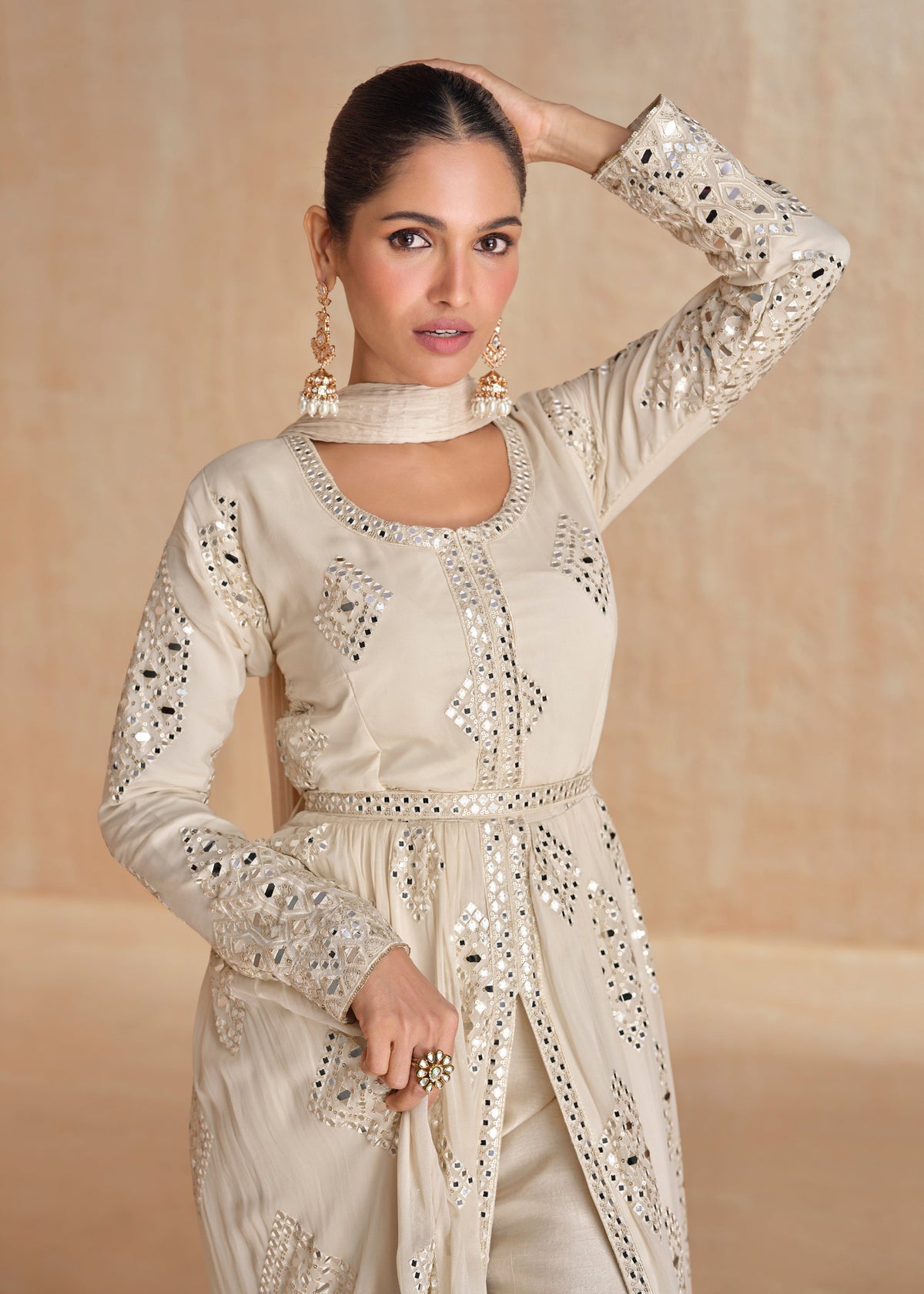 Buy Ivory Mirror Work Slit Style Anarkali Suit