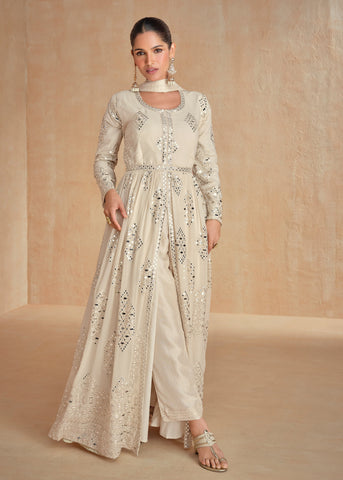 Ivory Mirror Work Slit Style Anarkali Suit