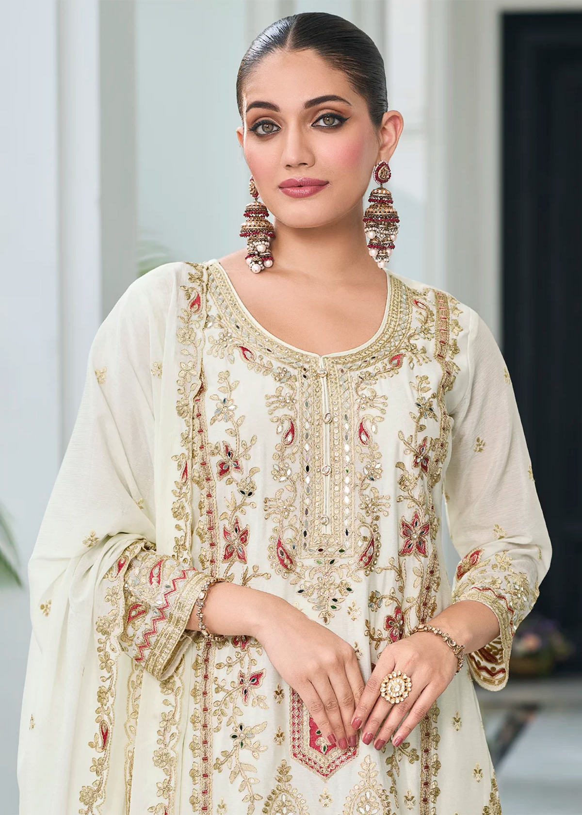 Ivory and Gold Embroidered Gharara Suit