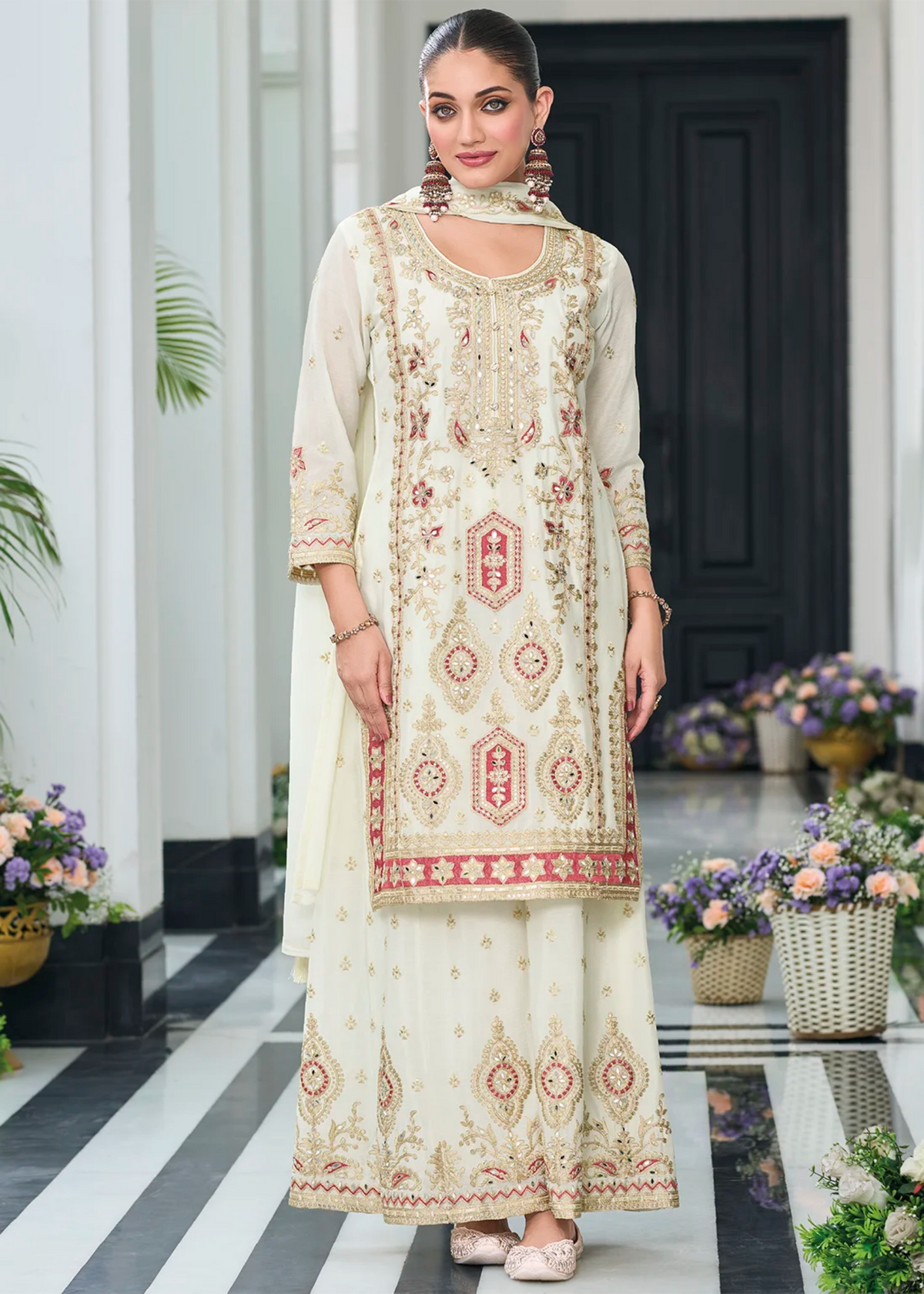 Ivory and Gold Embroidered Gharara Suit