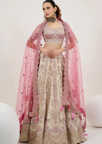 Ivory and Rose Pink Silk bridal lehenga