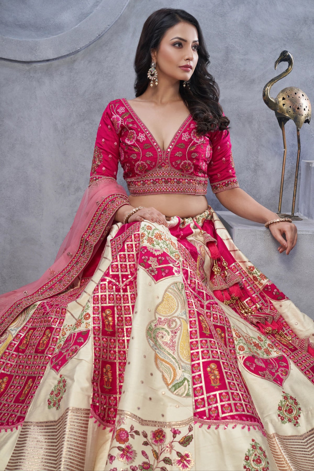 Ivory and pink Organza Silk Bridal Lehenga