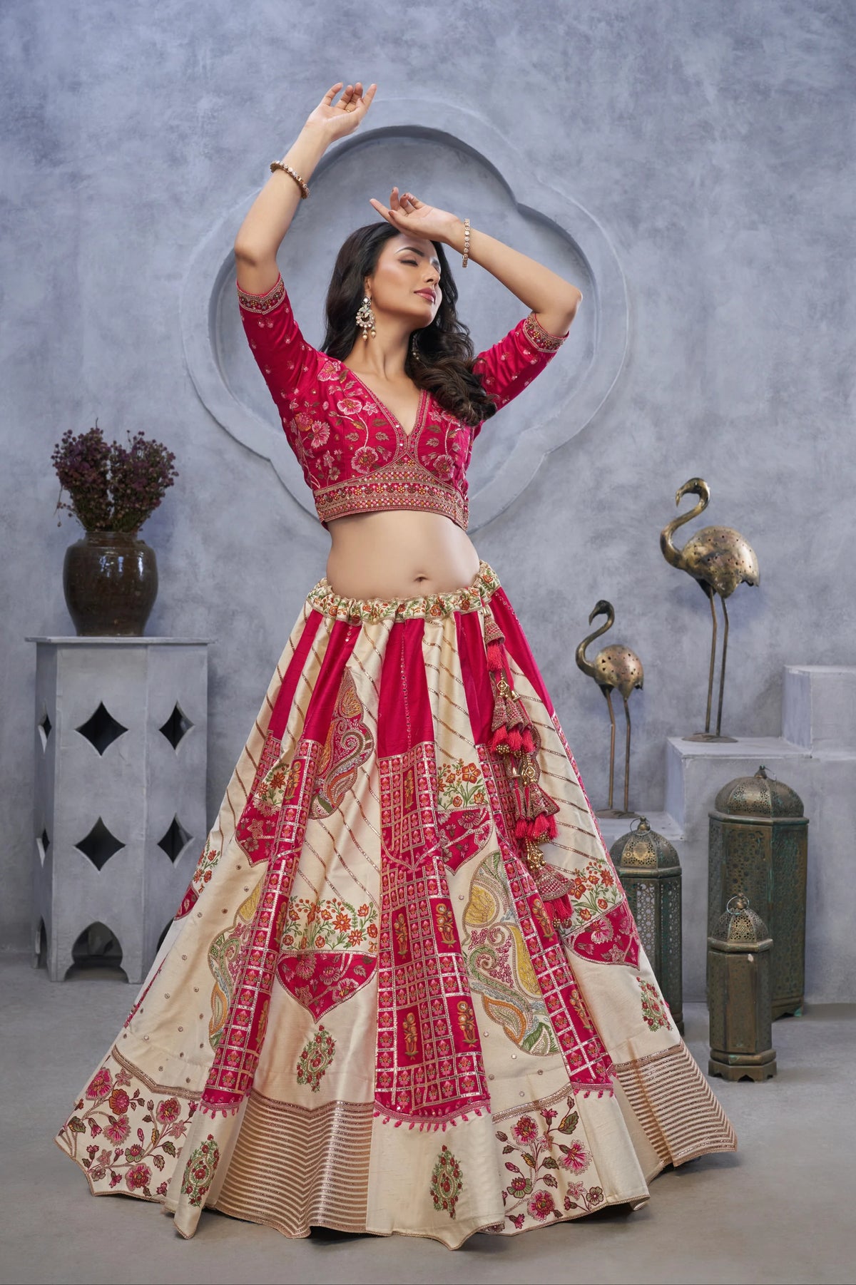 Ivory and pink Organza Silk Bridal Lehenga