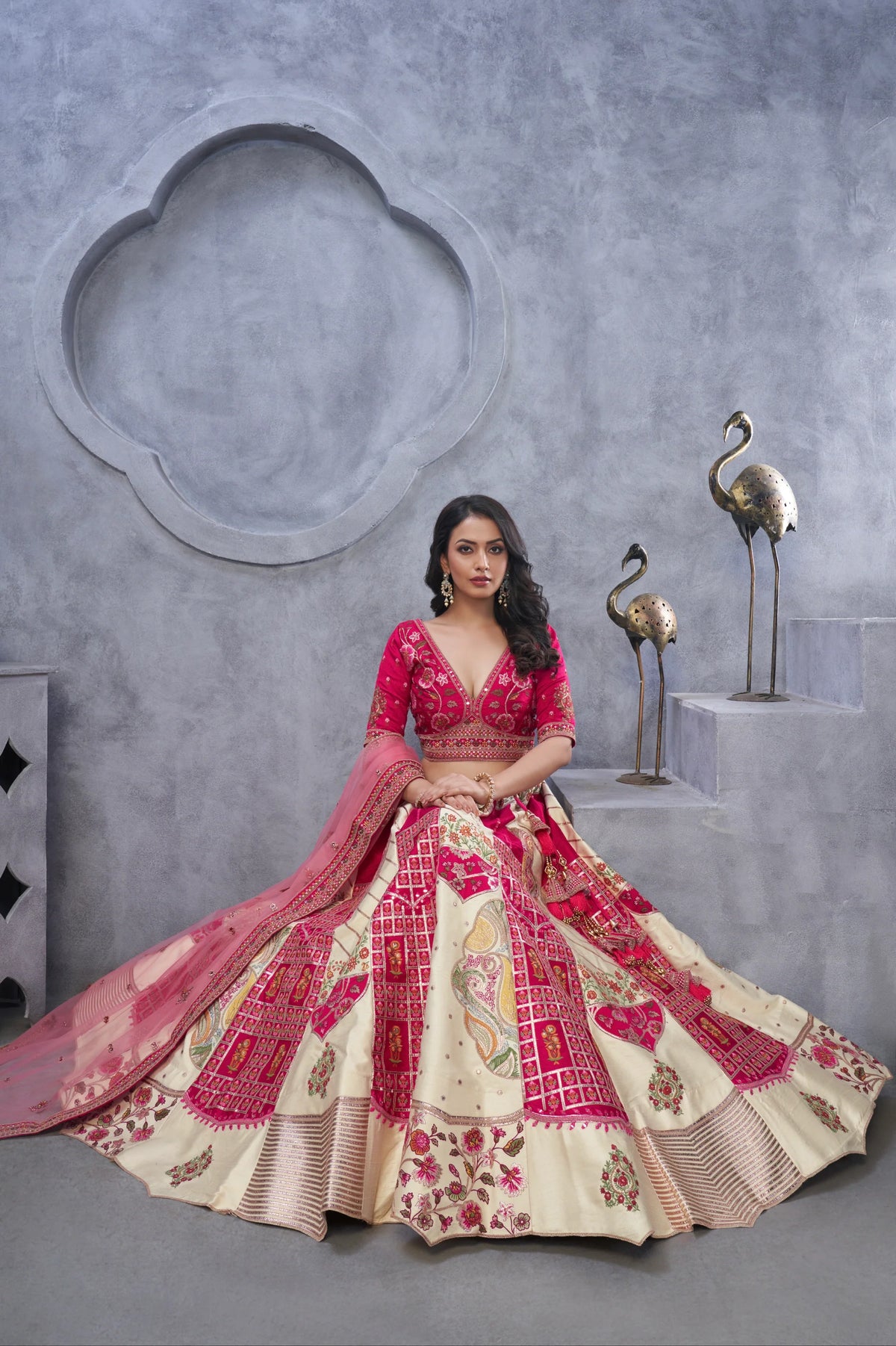 Ivory and pink Organza Silk Bridal Lehenga