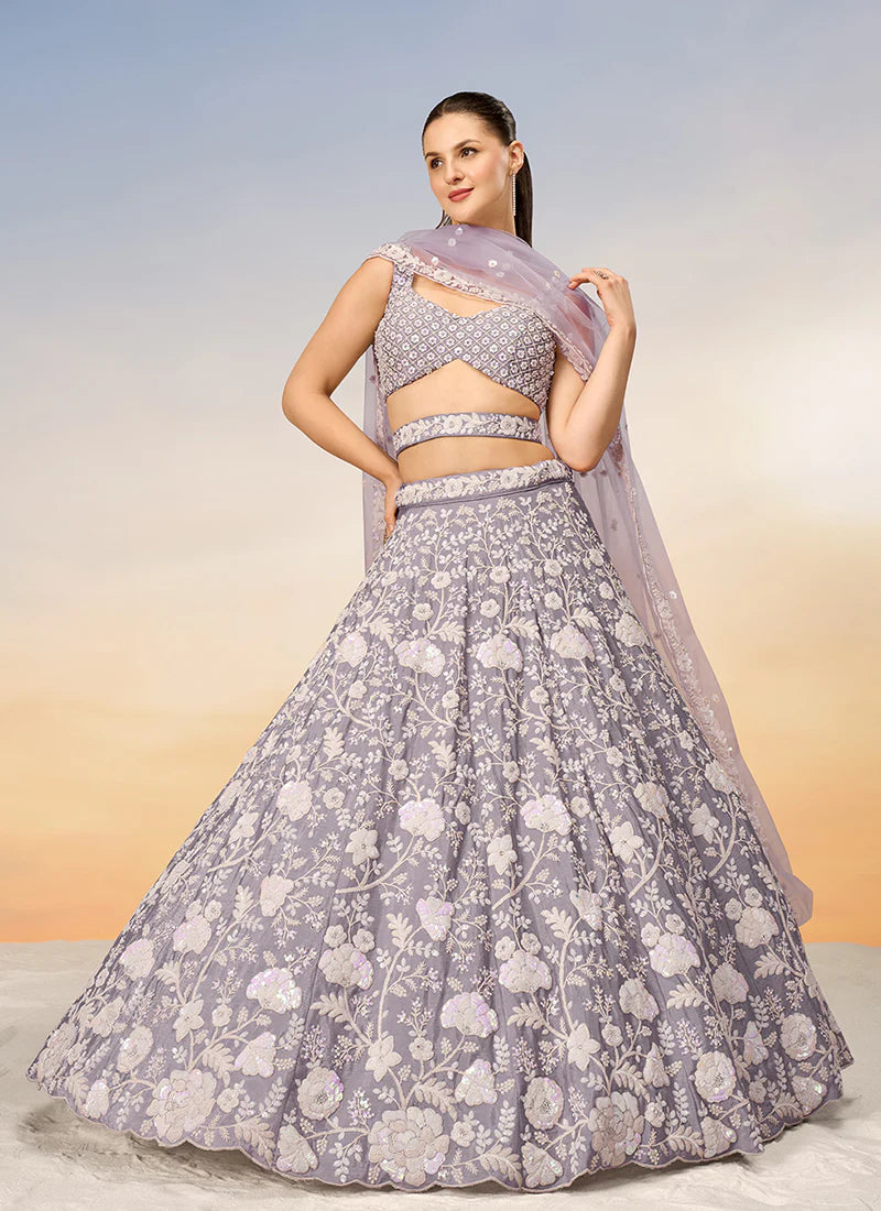 Lavender Sequence Embroidery Bridal Lehenga Choli For Indian Wedding