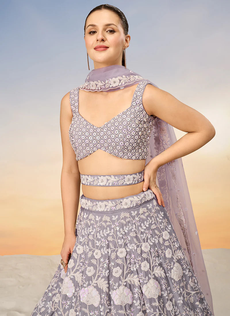 Lavender Sequence Embroidery Bridal Lehenga Choli For Indian Wedding