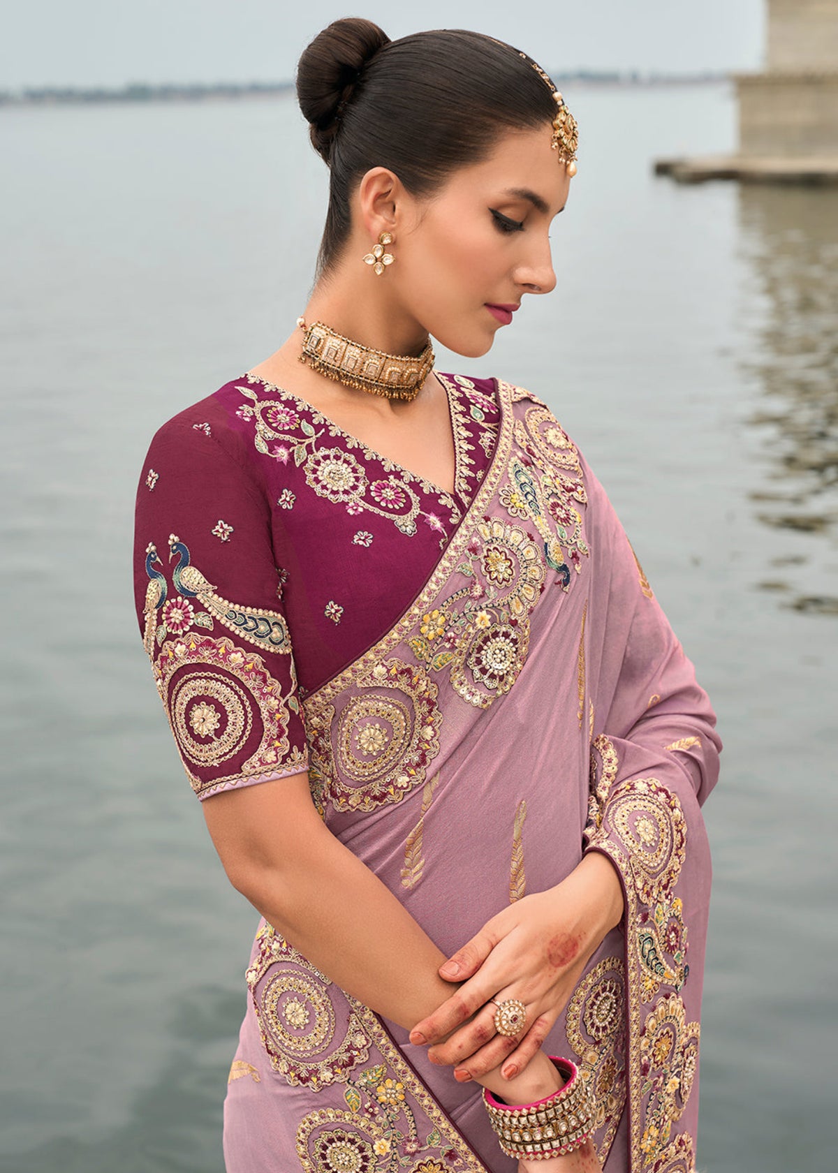 Lavender And Wine Multi Embroidery Saree