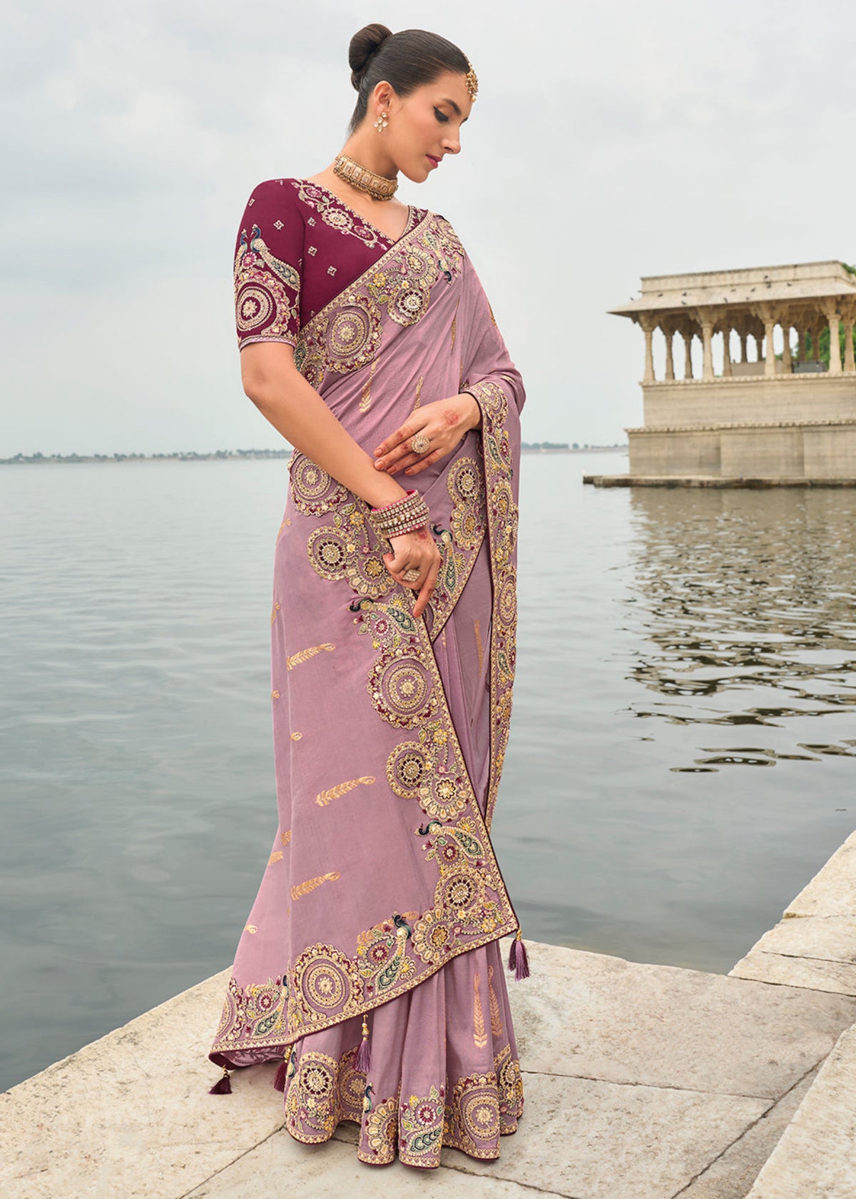 Lavender And Wine Multi Embroidery Saree