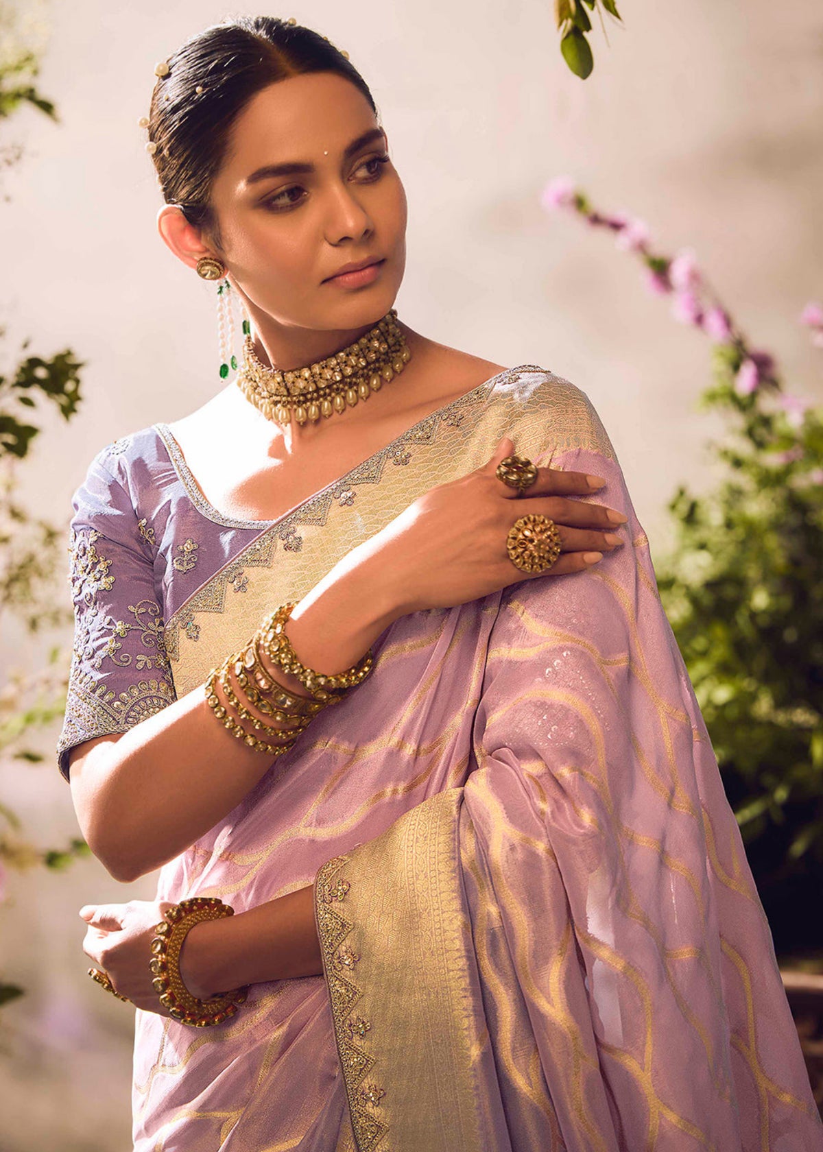 Lavender And gold Embroidery Banarasi silk Saree