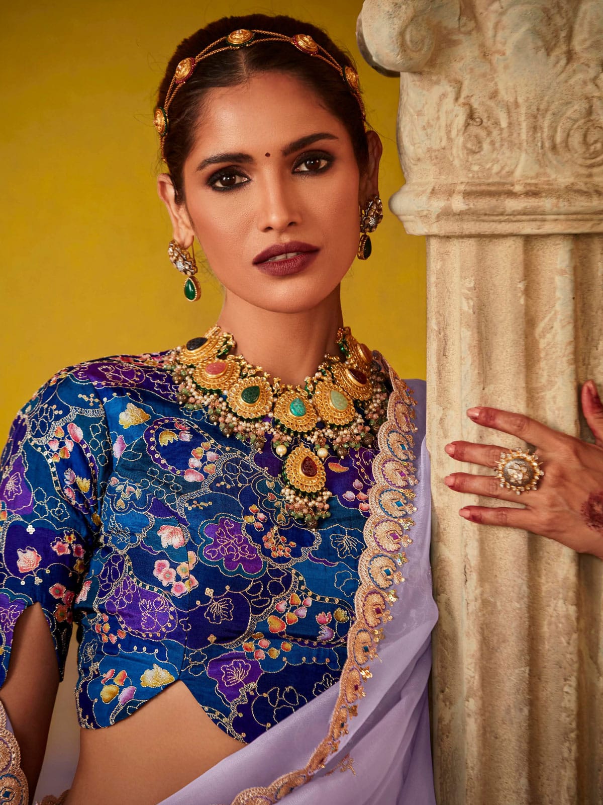 Lavender And royal Blue Multi Embroidery Silk Saree