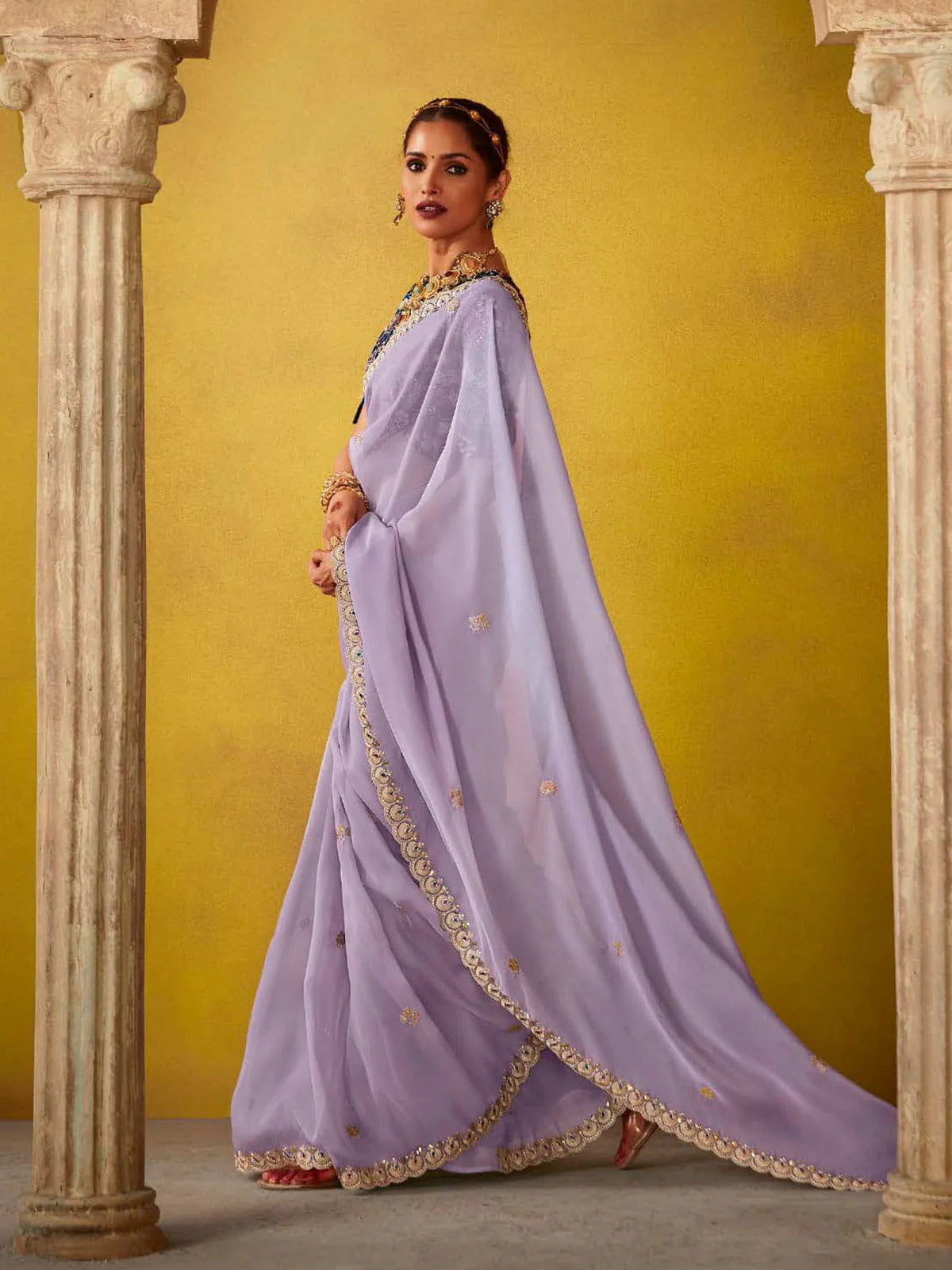 Lavender And royal Blue Multi Embroidery Silk Saree