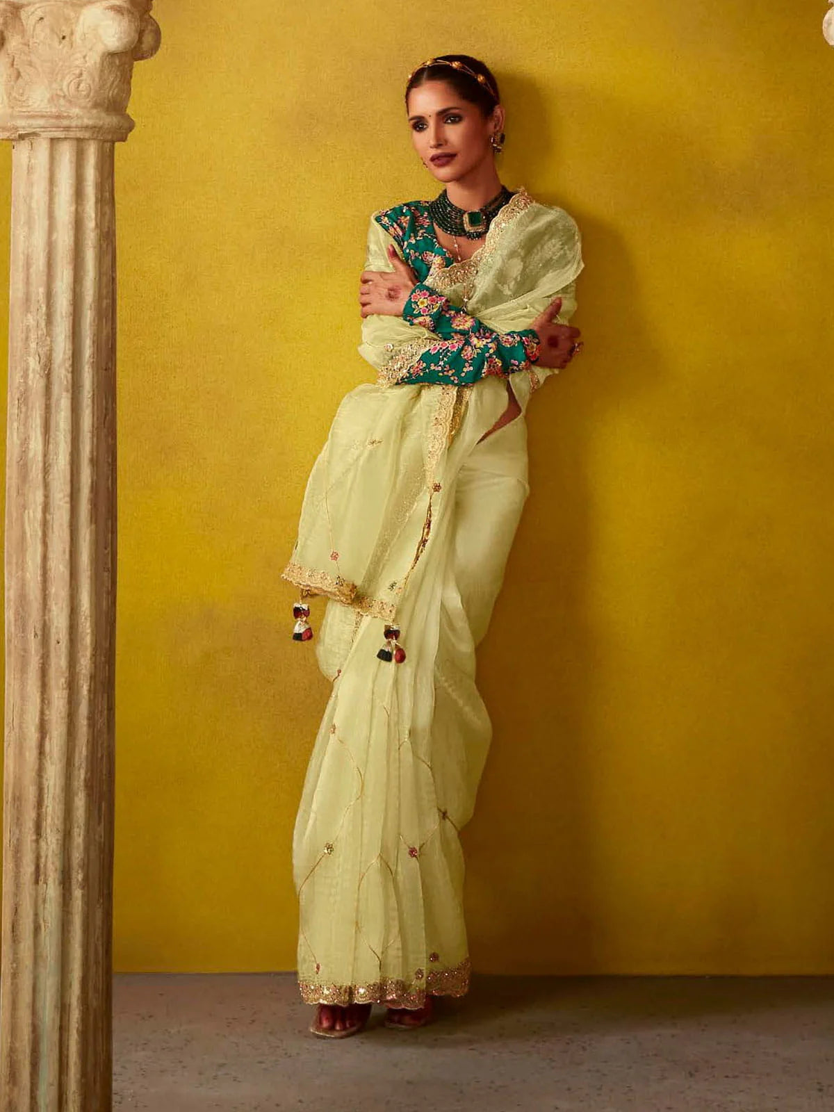 Lemon Yellow And Teal Multi Embroidery Silk Saree