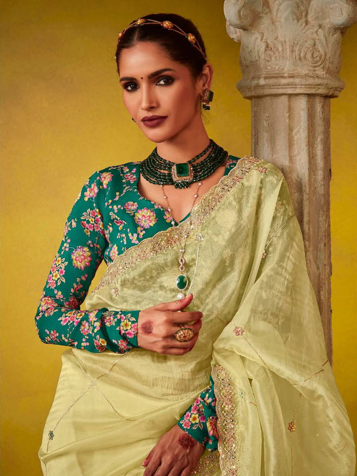 Lemon Yellow And Teal Multi Embroidery Silk Saree