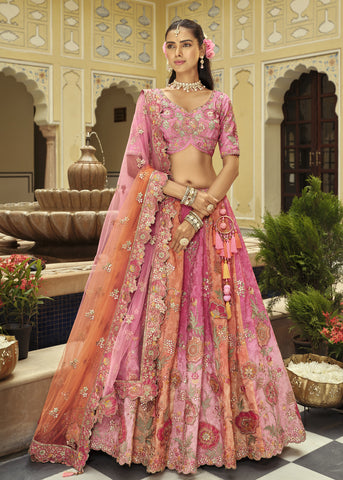 Light Pink Embroidered Cut Work Border Silk Lehenga