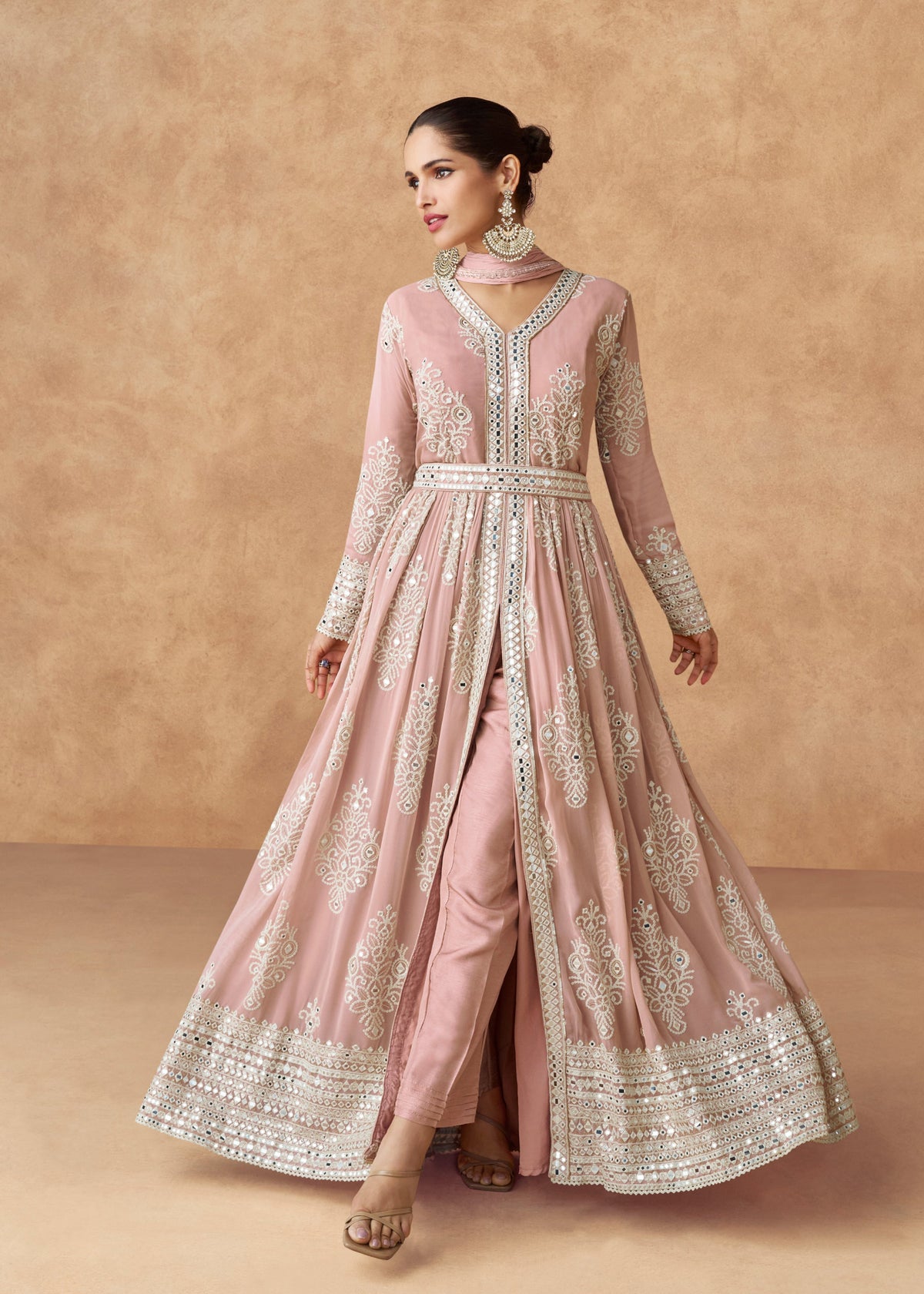 Buy Light Pink Mirror Work Slit Style Anarkali Suit