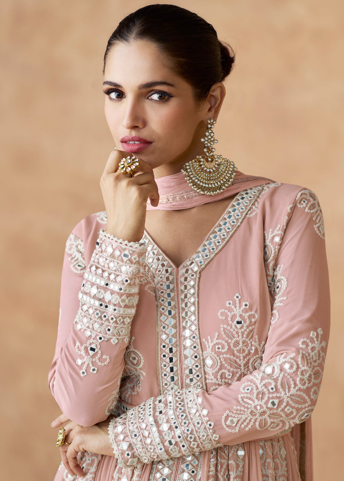 Buy Light Pink Mirror Work Slit Style Anarkali Suit
