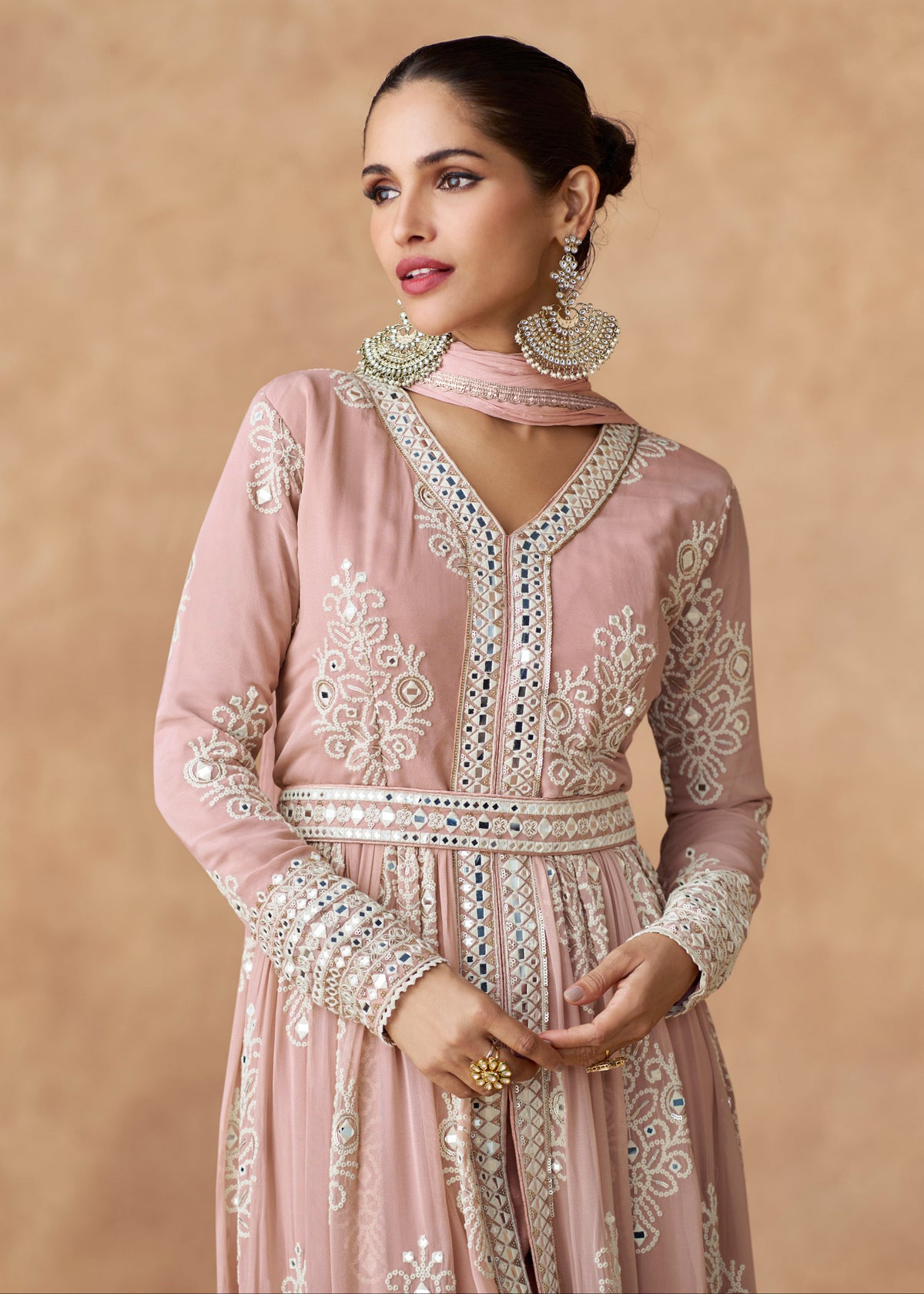 Buy Light Pink Mirror Work Slit Style Anarkali Suit
