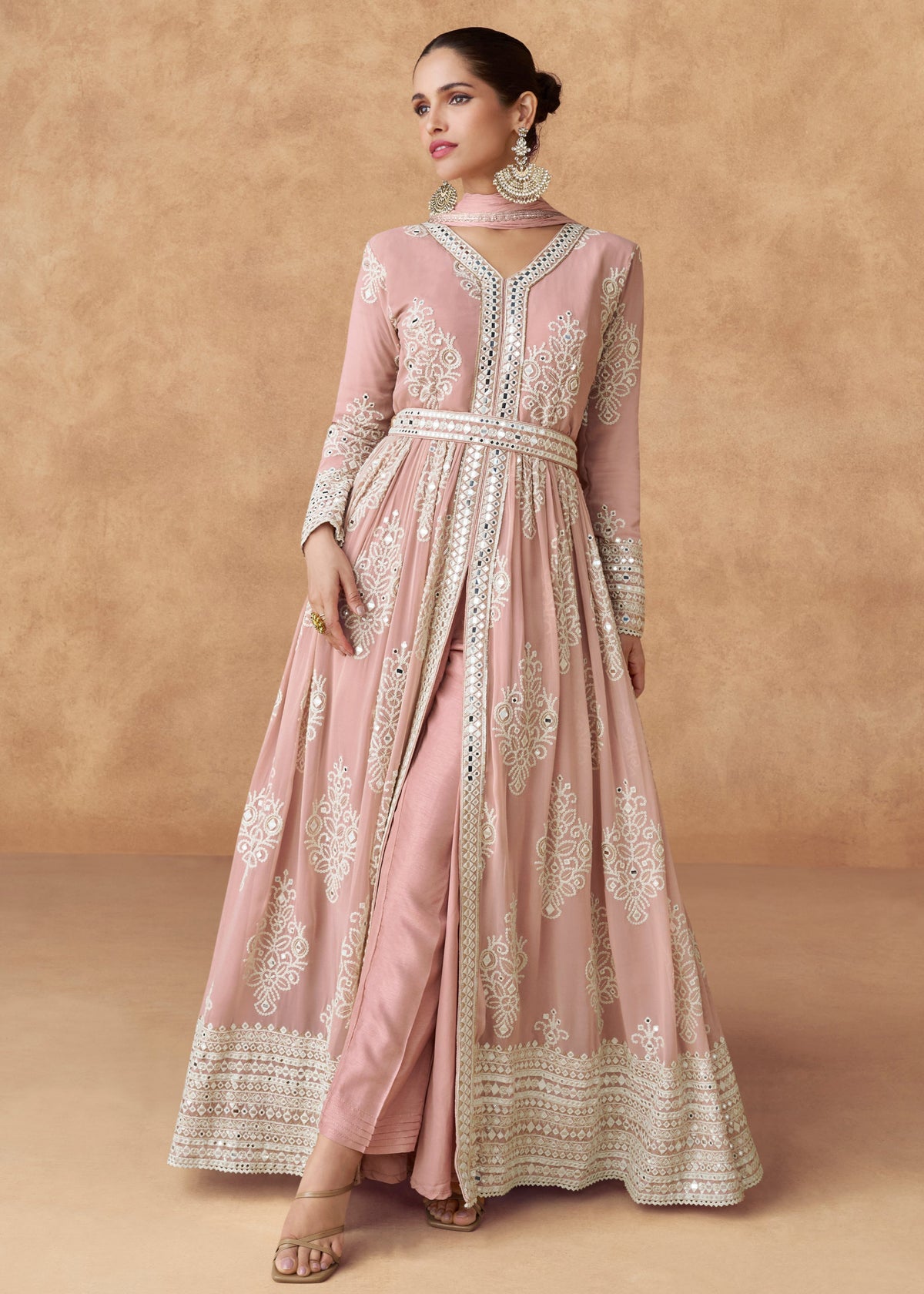 Buy Light Pink Mirror Work Slit Style Anarkali Suit