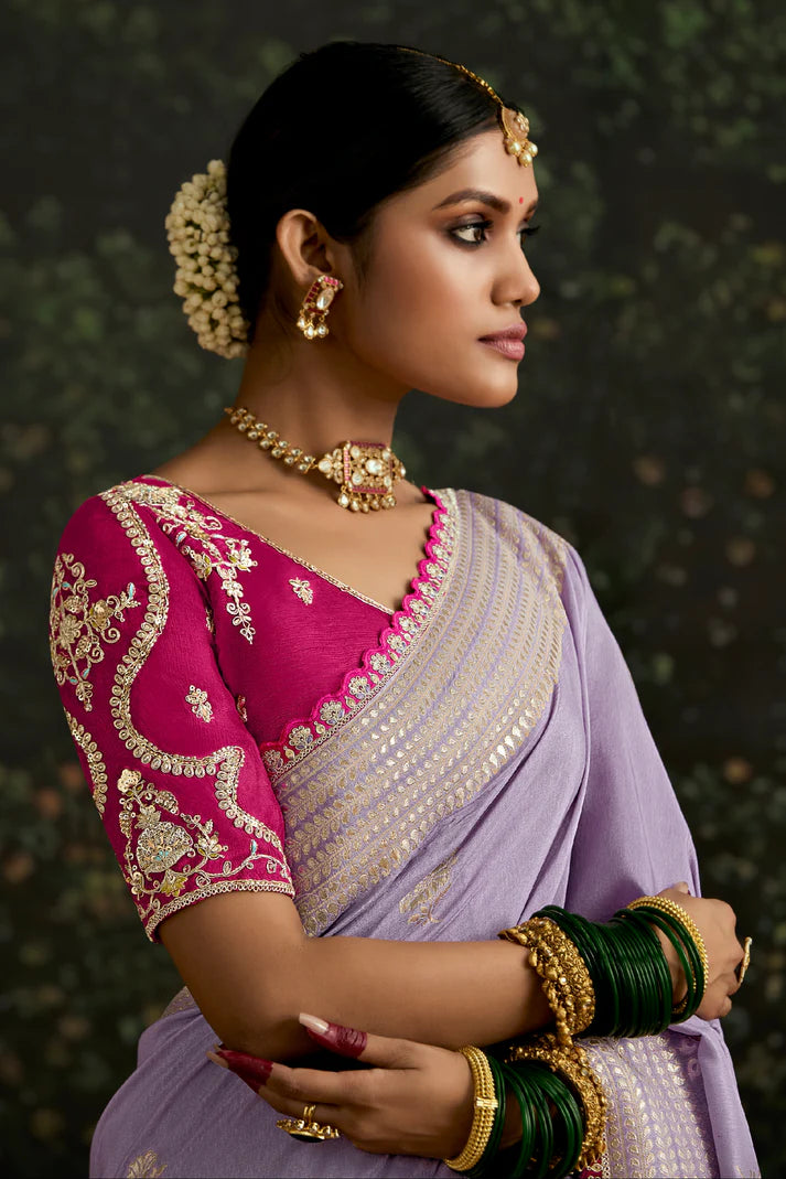 Lilac And Magenta Multi Embroidery Silk Saree