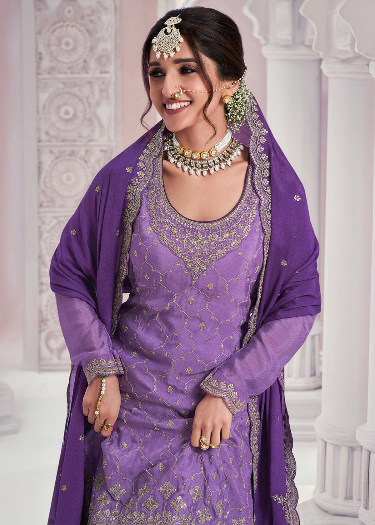 Lilac Purple chinnon silk Embroidered  Sharara Suit