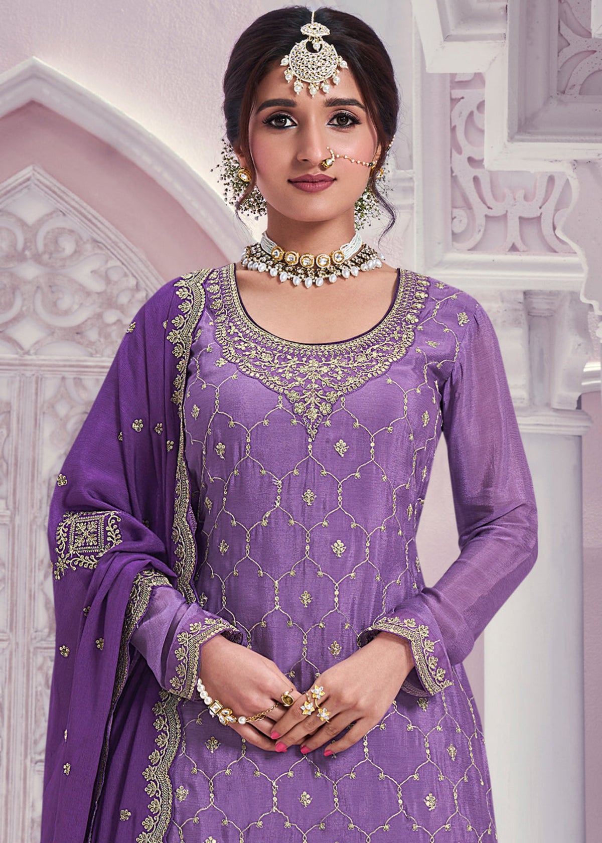 Lilac Purple chinnon silk Embroidered  Sharara Suit