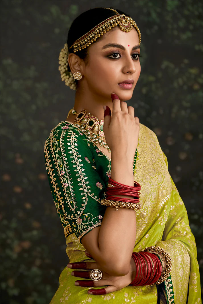 Lime And Green Multi Embroidery Silk Saree