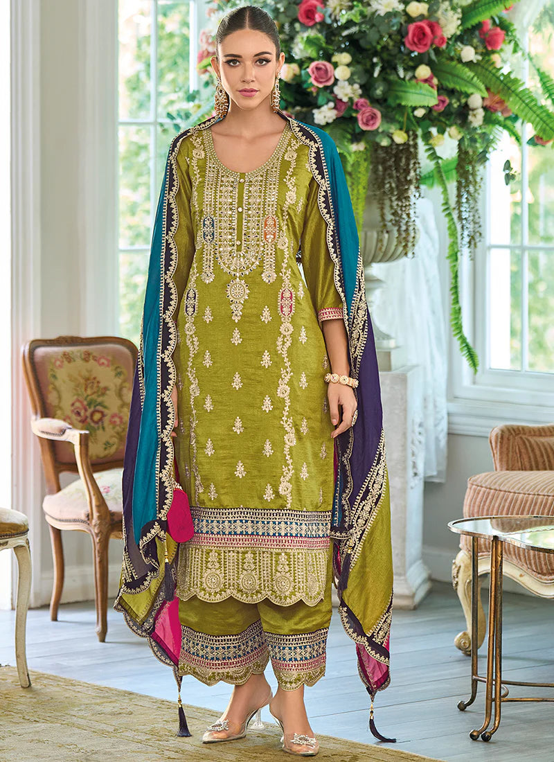 Lime Green Multicolored Traditional Embroidery Pant Style Suit