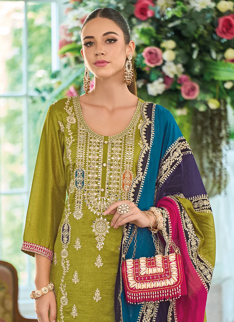 Lime Green Multicolored Traditional Embroidery Pant Style Suit