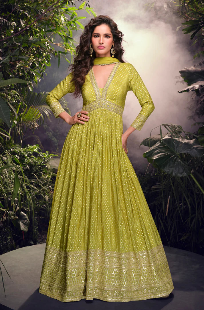 Lime Green Traditional Silk Anarkali Suit