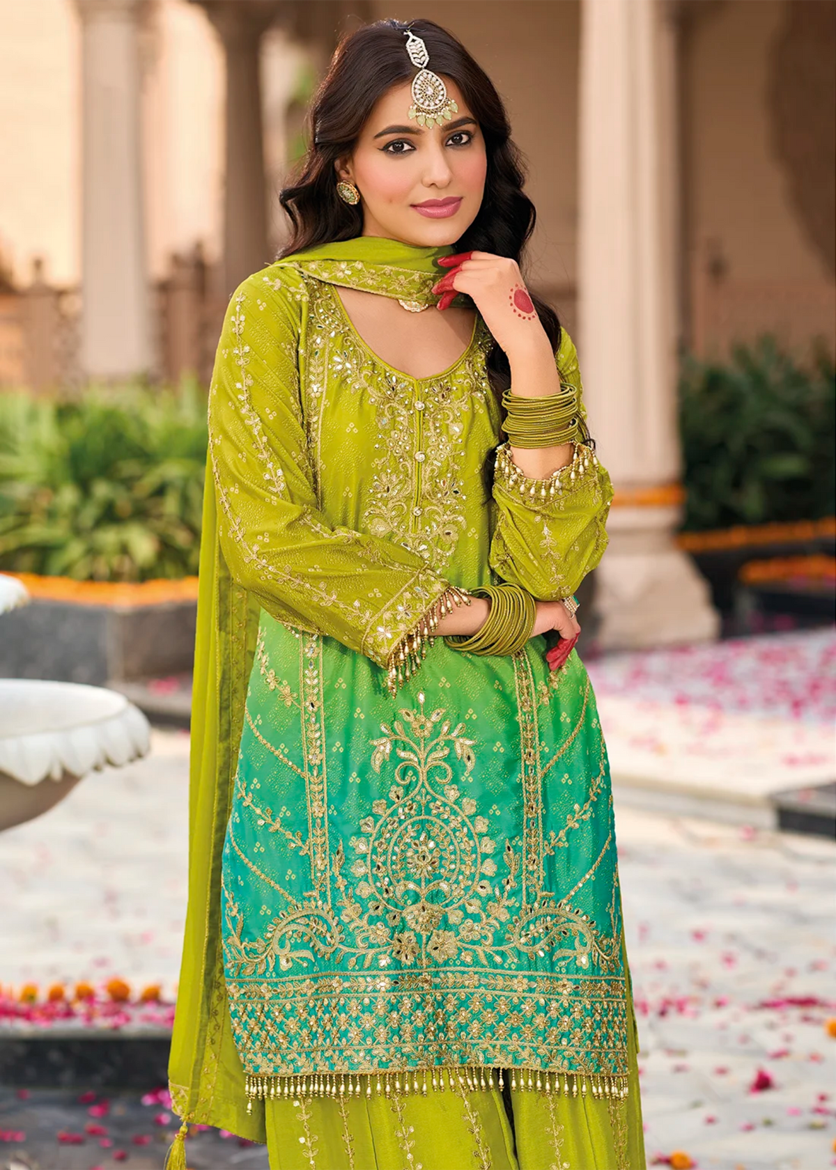 Lime Green And Teal Ombre Palazzo Suit