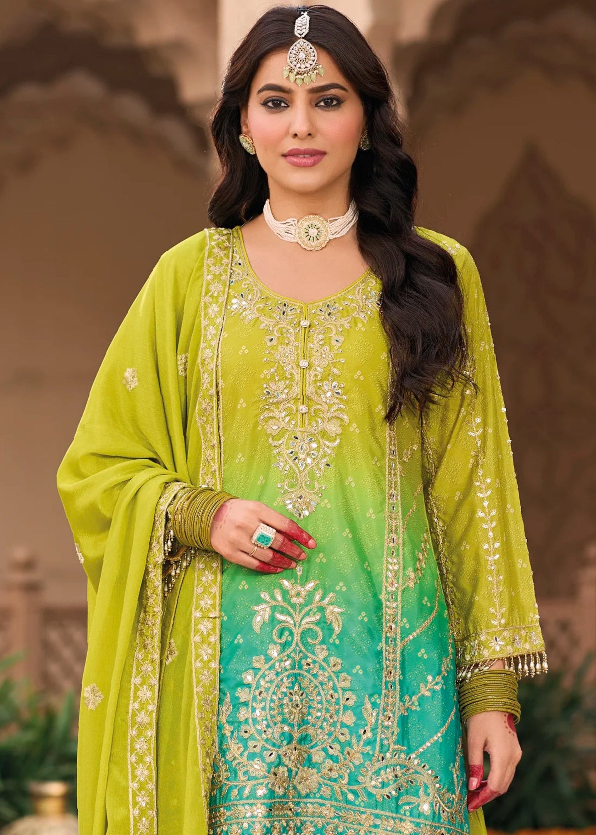 Lime Green And Teal Ombre Palazzo Suit