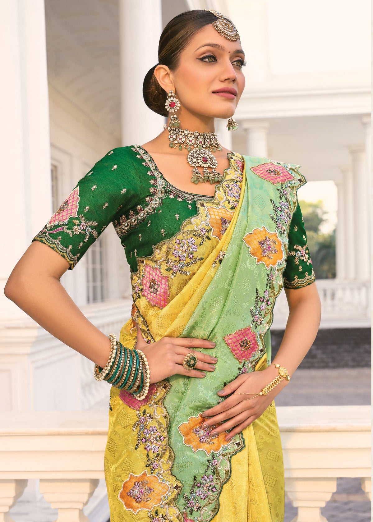 Buy Lime Green And Yellow Embroidery Saree