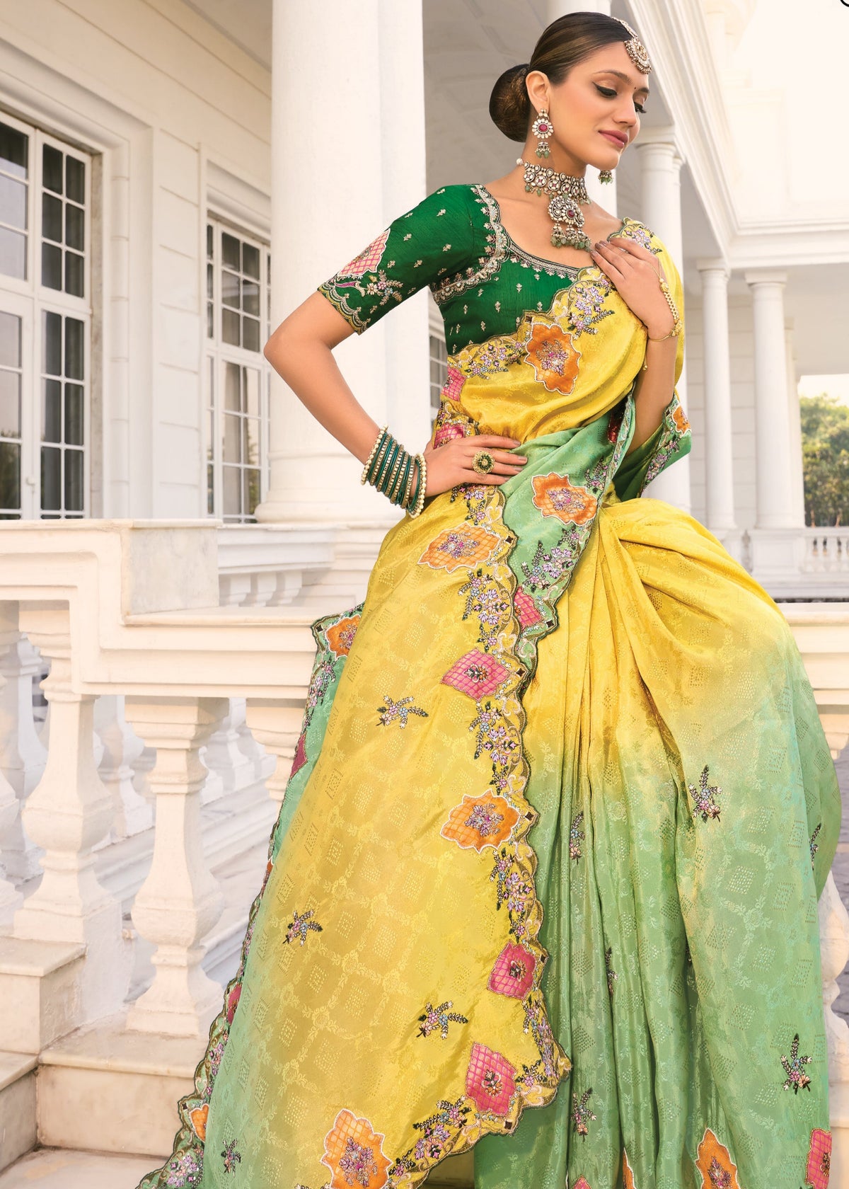 Buy Lime Green And Yellow Embroidery Saree