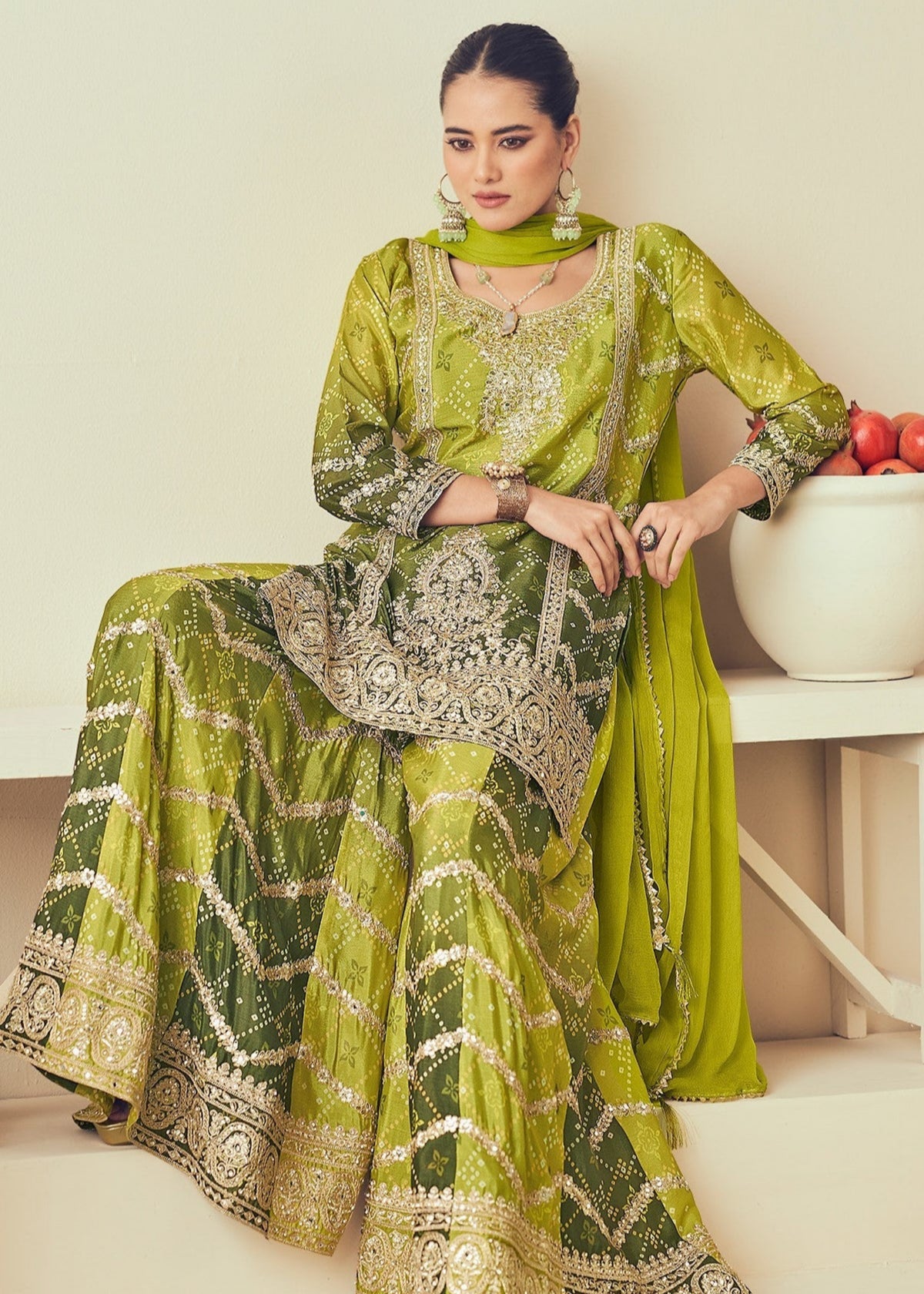 Lime Green Embroidered Sharara Suit