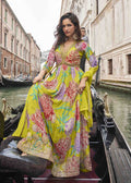 Lime Green Floral Embroidered Chinon Silk Gown.