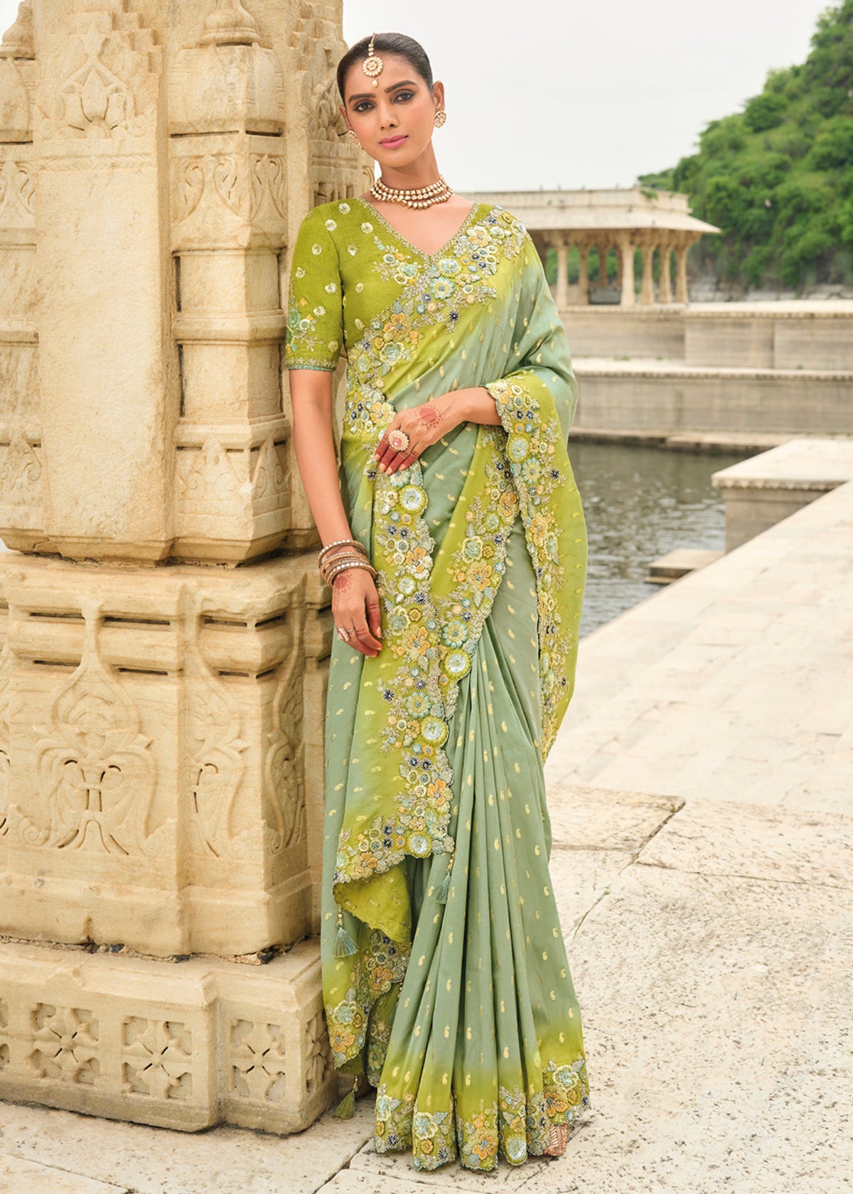 Lime Green Multi Embroidery Saree