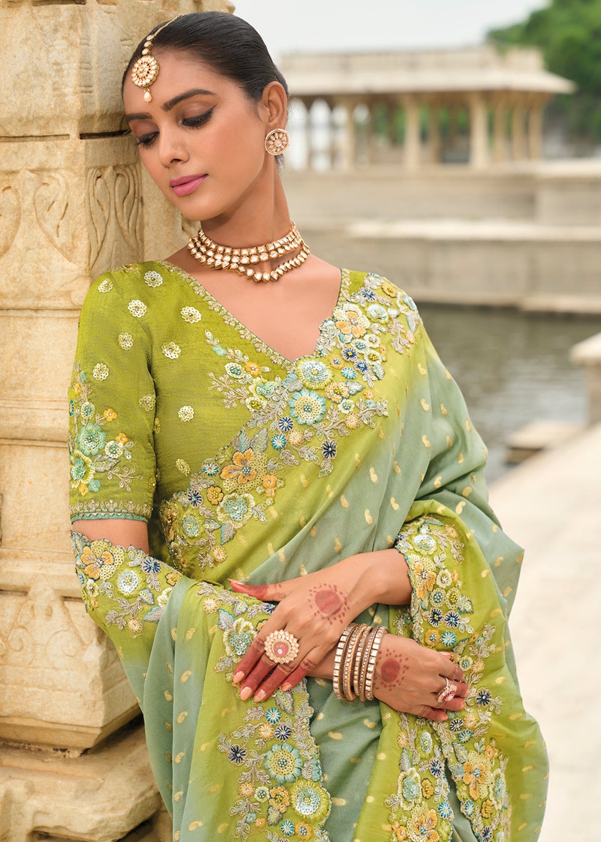 Lime Green Multi Embroidery Saree