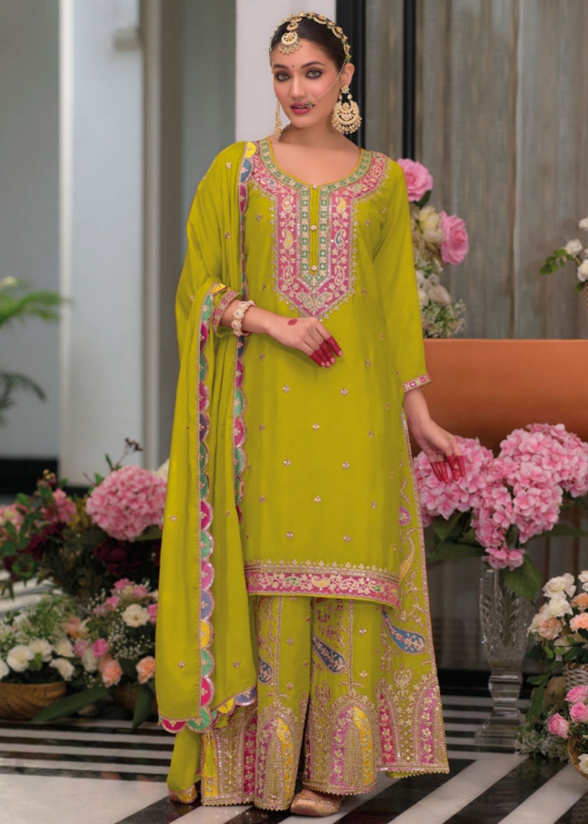 Lime Green Multi colored Embroidery Palazzo Suit
