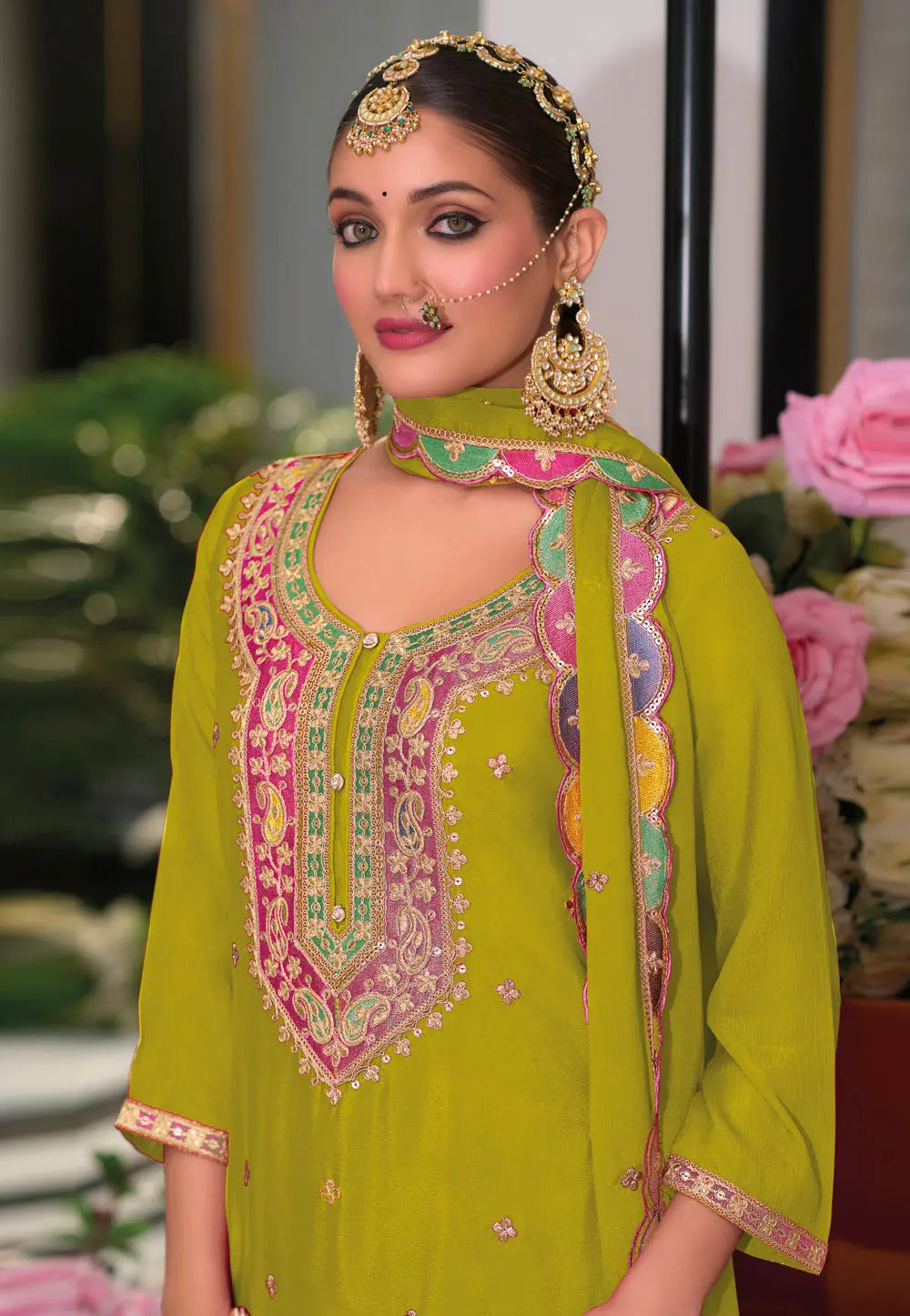 Lime Green Multi colored Embroidery Palazzo Suit