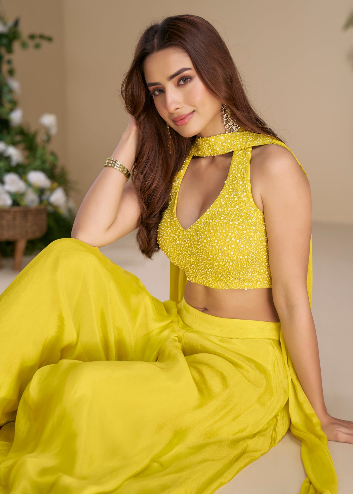 Lime Yellow Embroidered Co-Ord Palazzo Set