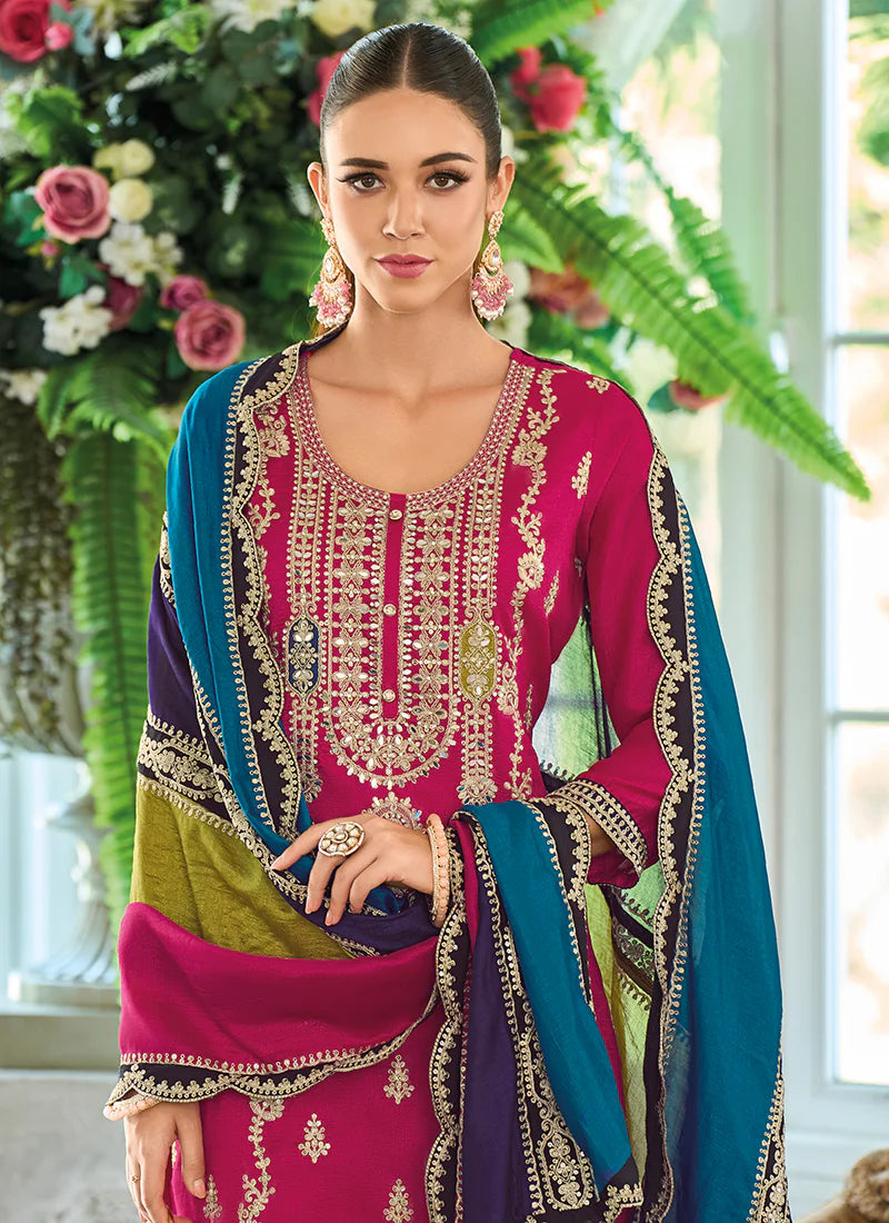 Magenta Multicolored Traditional Embroidery Pant Style Suit