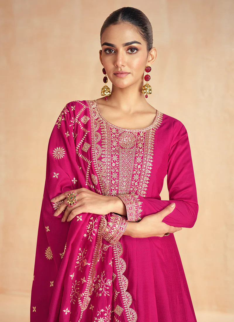 Magenta Pink Golden Embroidery Wedding Anarkali Suit