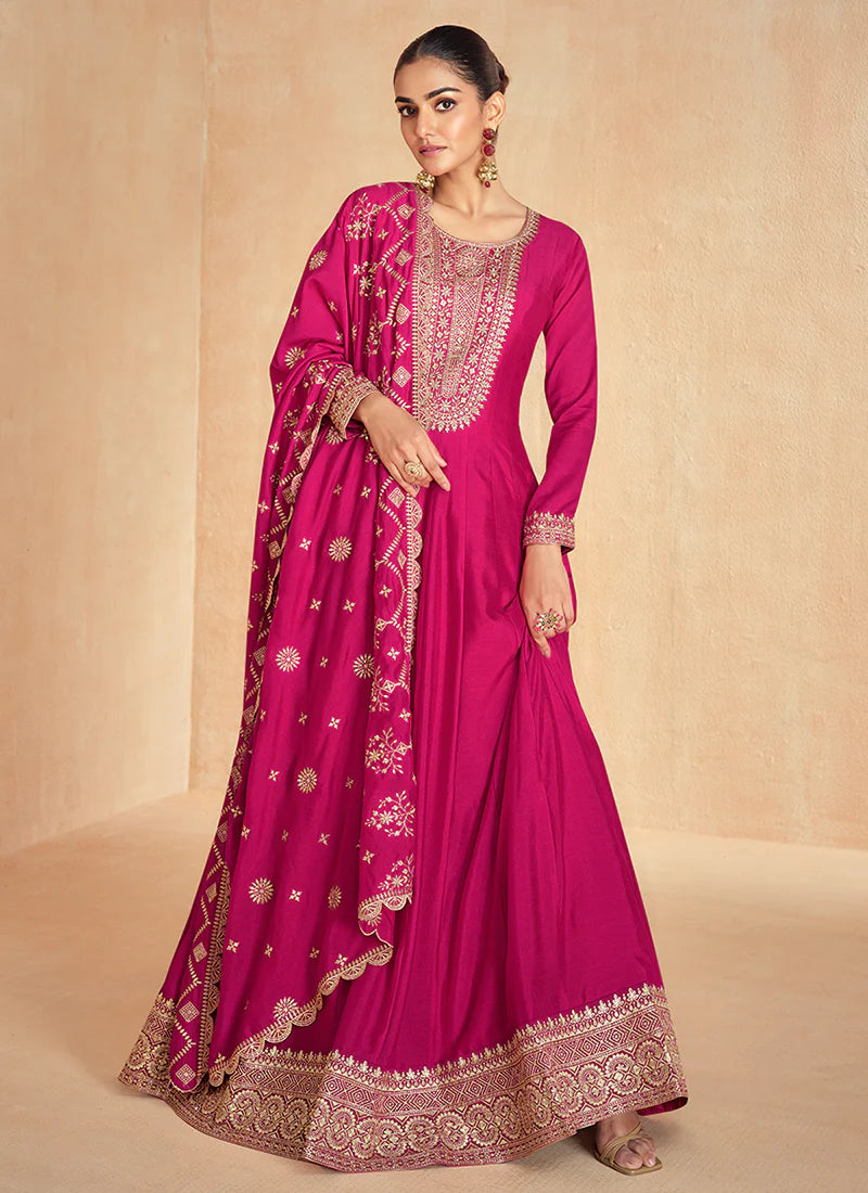 Magenta Pink Golden Embroidery Wedding Anarkali Suit