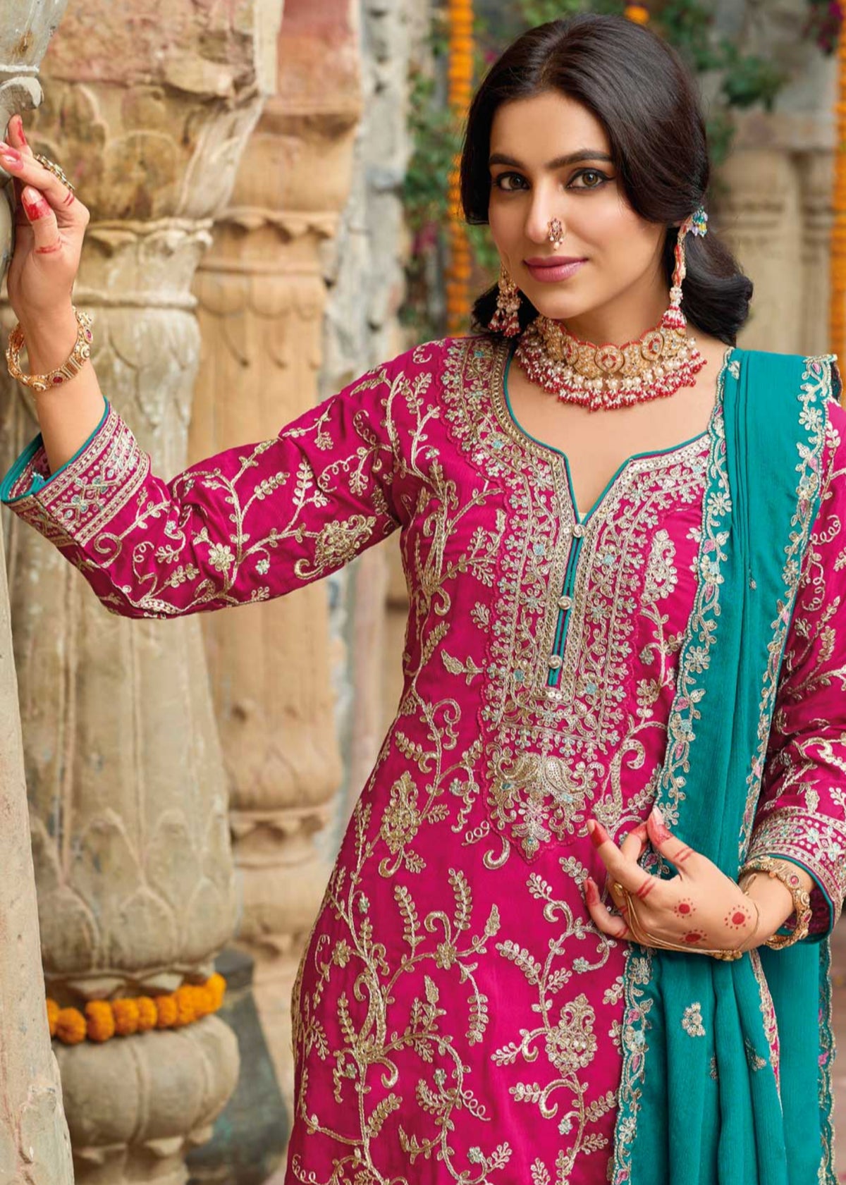 Magenta And Teal Embroidered Salwar Suit 