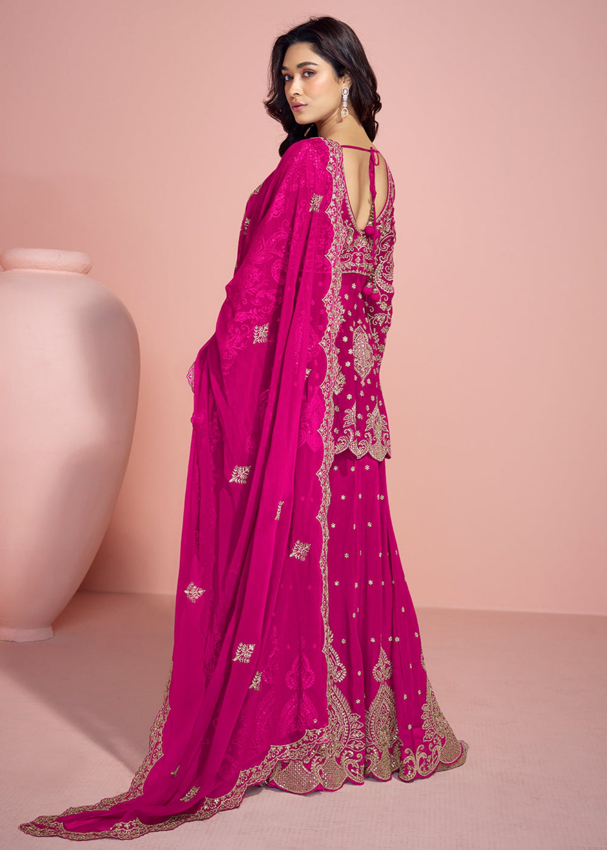 Buy Magenta Pink Embroidered Sharara Suit 