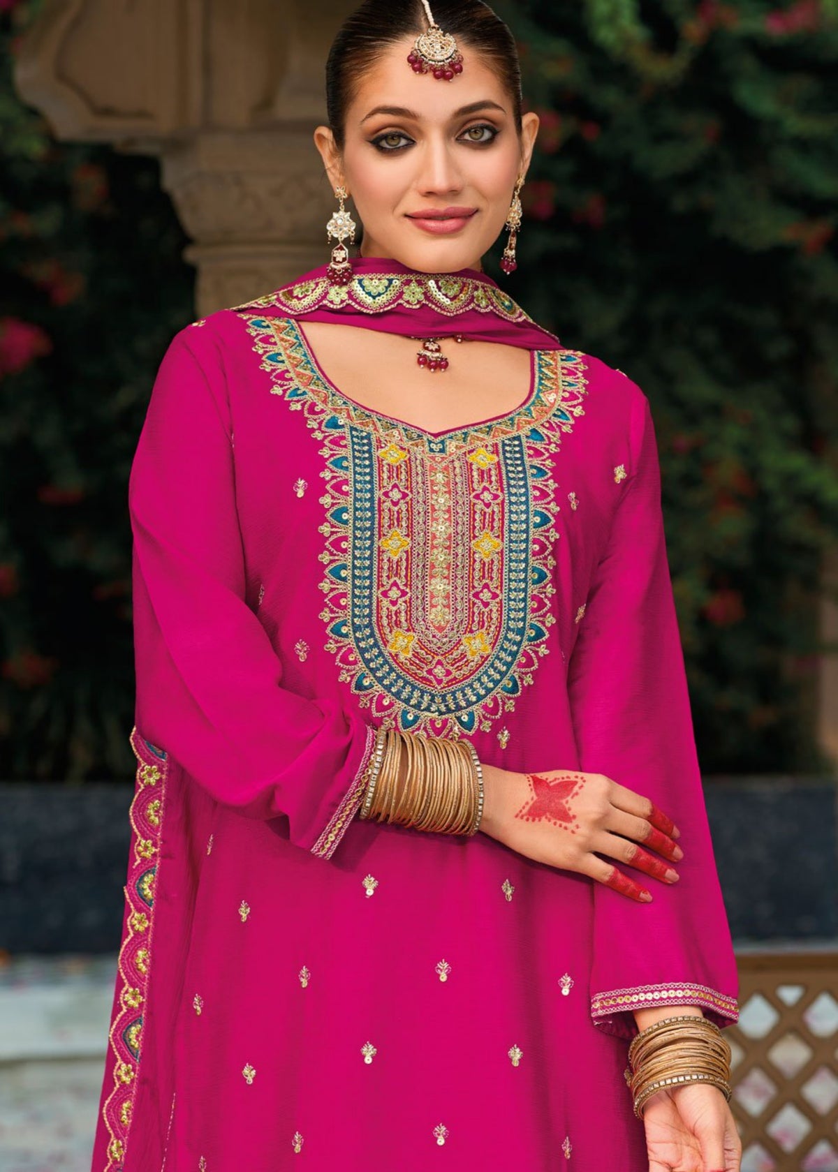 Magenta Pink Multi Embroidery Palazzo Suit