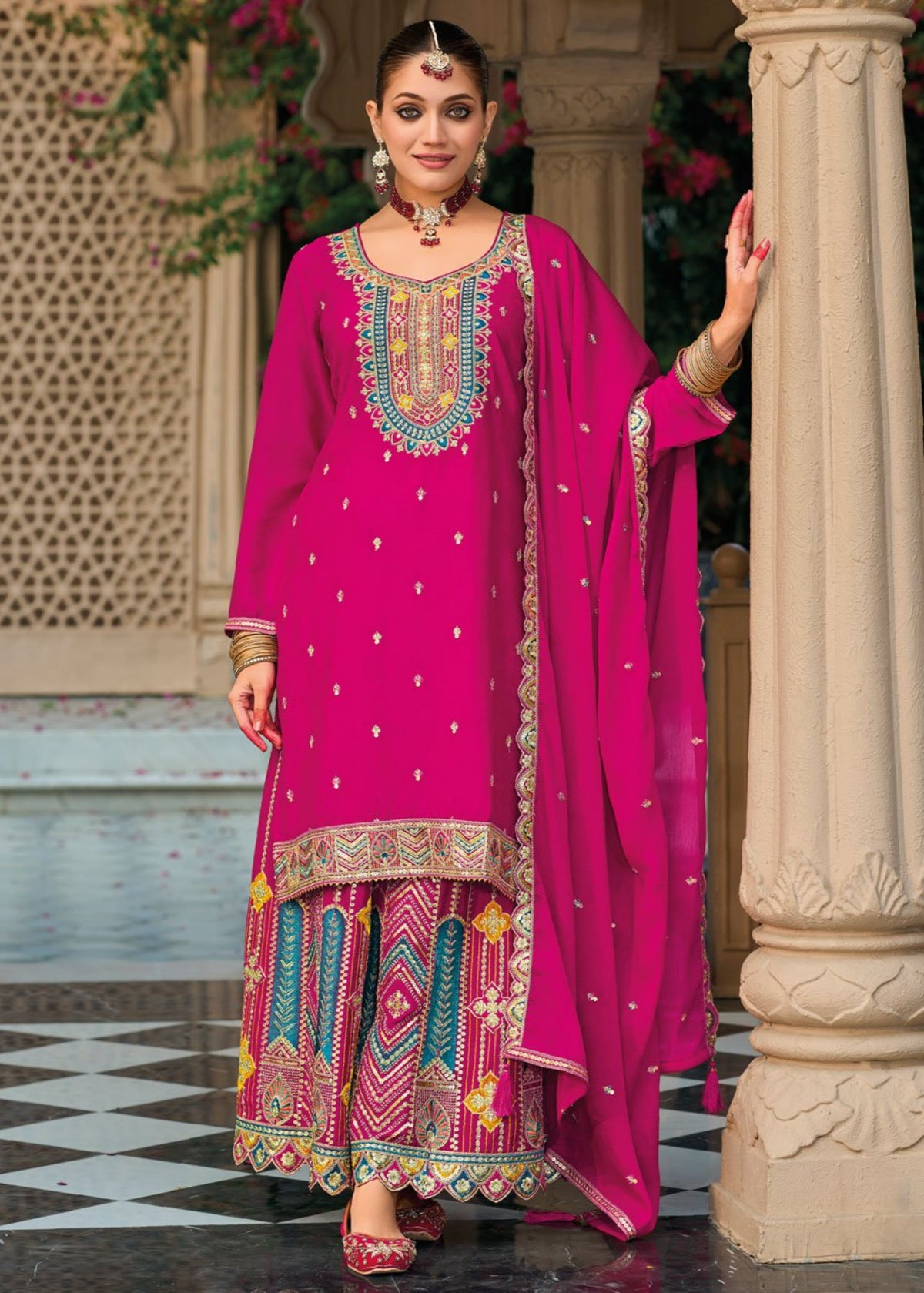 Magenta Pink Multi Embroidery Palazzo Suit