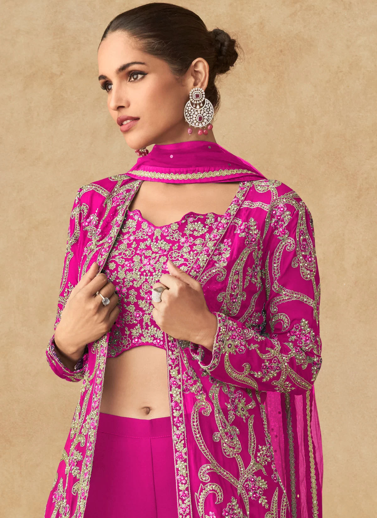 Magenta georgette Embroidered Jacket Style sharara Suit