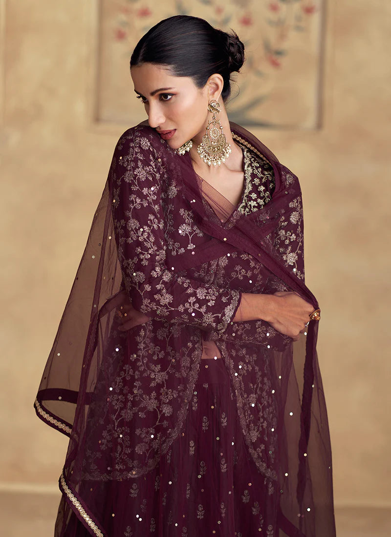 Maroon Golden Embroidery Party Wear Lehenga